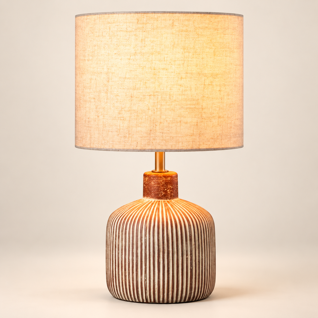 Modern Rustic Ceramic Table Lamp with Textured Base & Linen Drum Shade