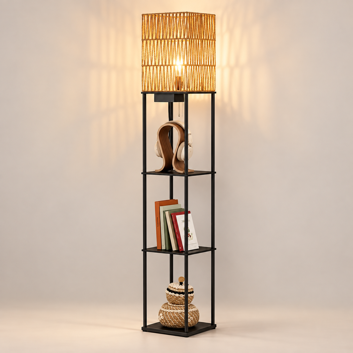 Rattan Floor Lamp with Shelves (63.8" )