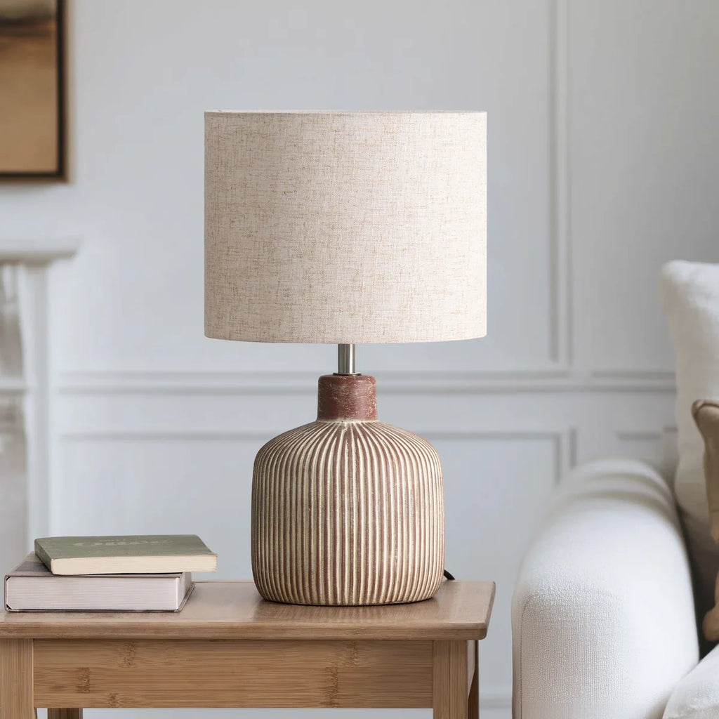 Modern Rustic Ceramic Table Lamp with Textured Base & Linen Drum Shade