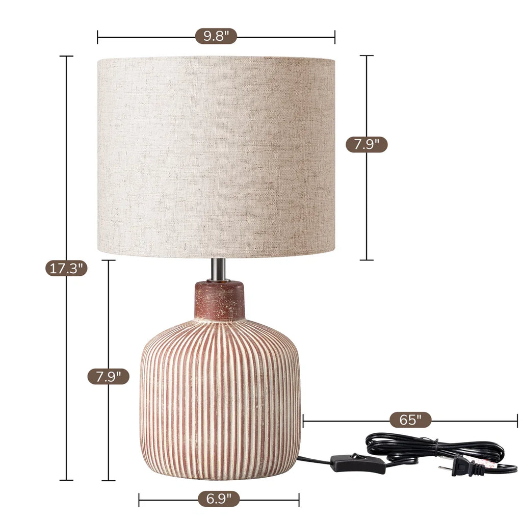 Modern Rustic Ceramic Table Lamp with Textured Base & Linen Drum Shade