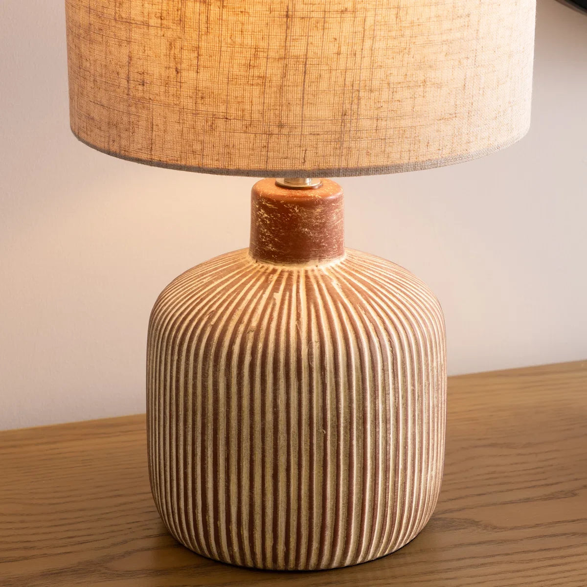 Modern Rustic Ceramic Table Lamp with Textured Base & Linen Drum Shade