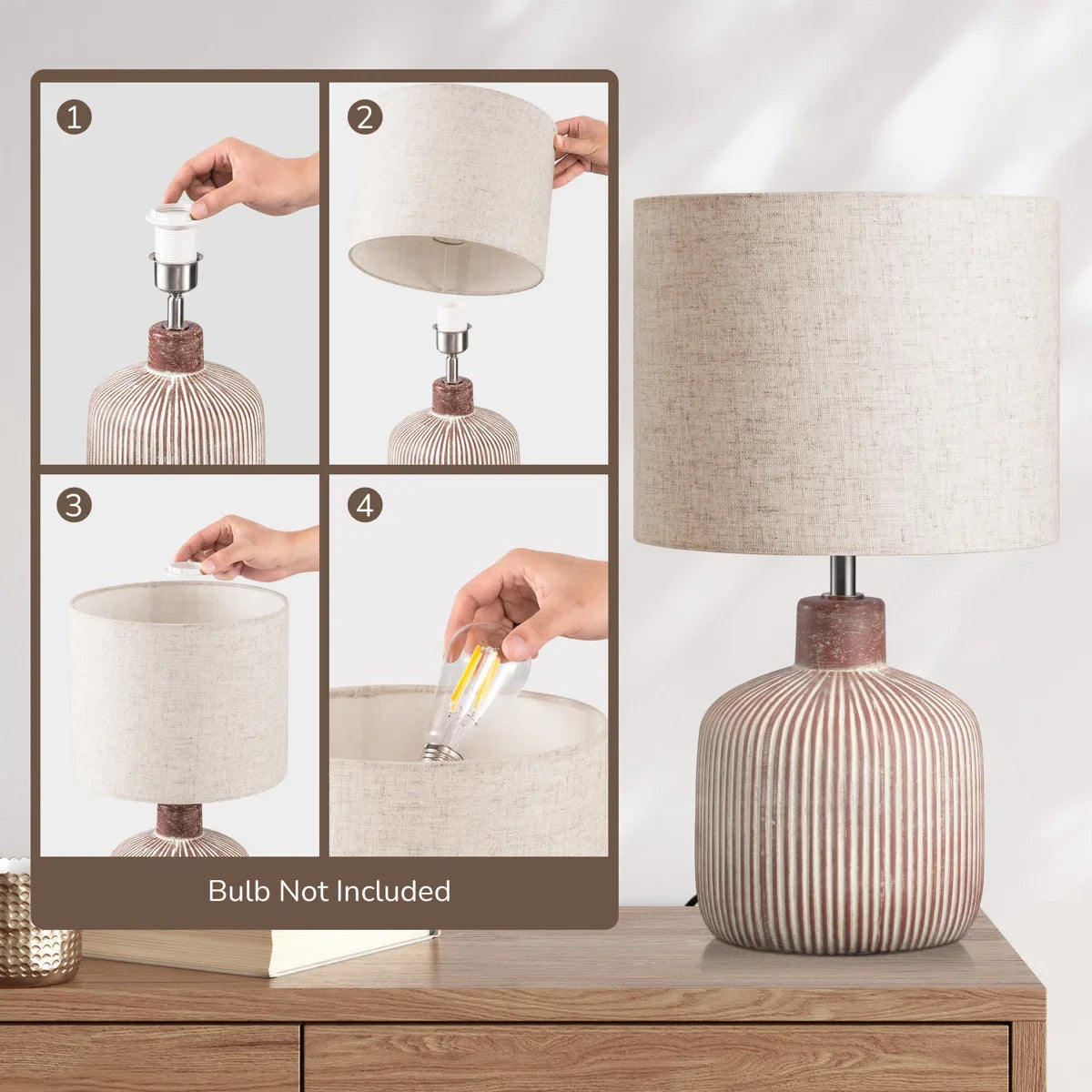 Modern Rustic Ceramic Table Lamp with Textured Base & Linen Drum Shade