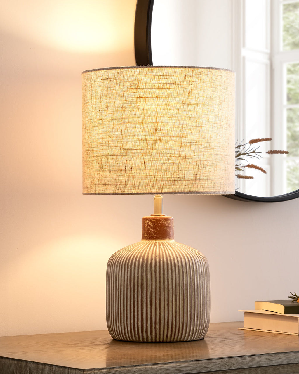 Modern Rustic Ceramic Table Lamp with Textured Base & Linen Drum Shade