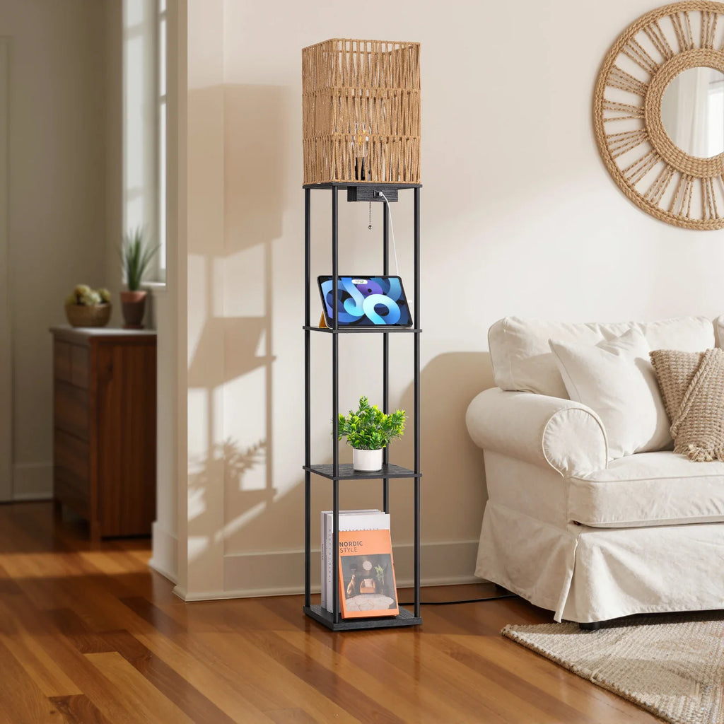 Rattan Floor Lamp with Shelves (63.8" )