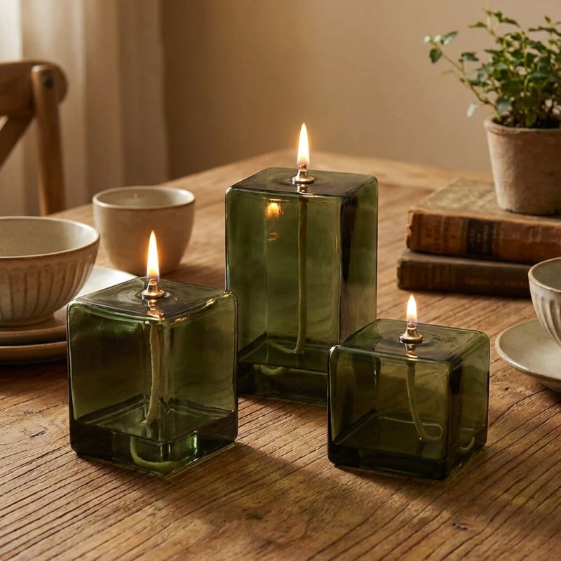 Vintage Green Square Glass Oil Lamp