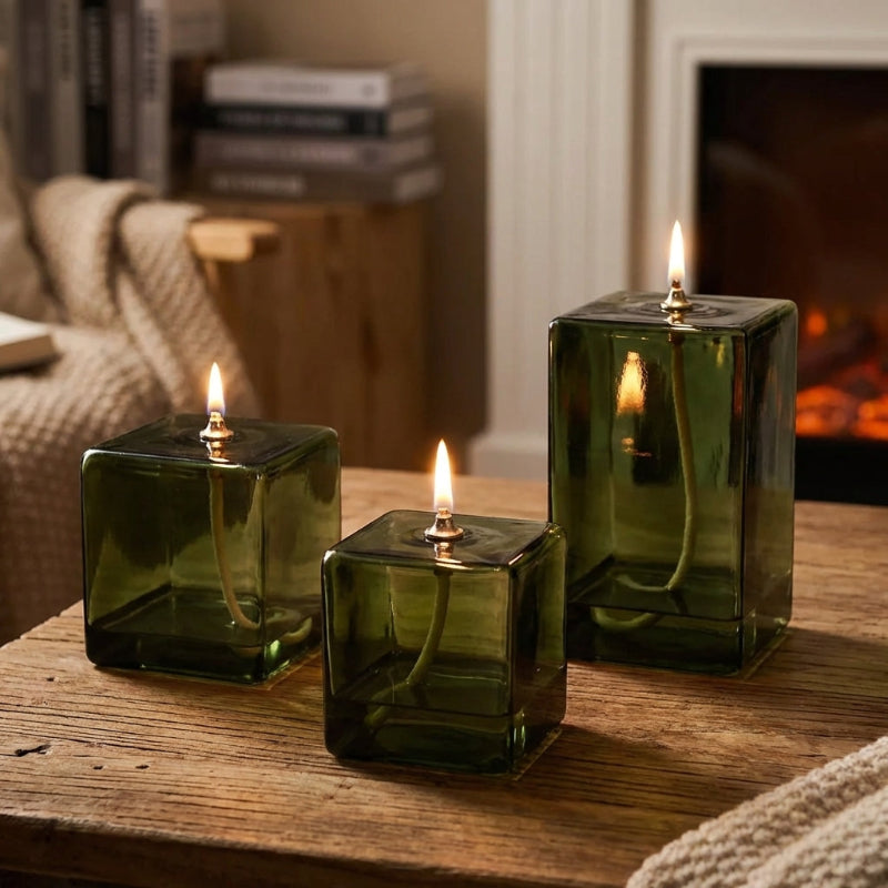 Vintage Green Square Glass Oil Lamp